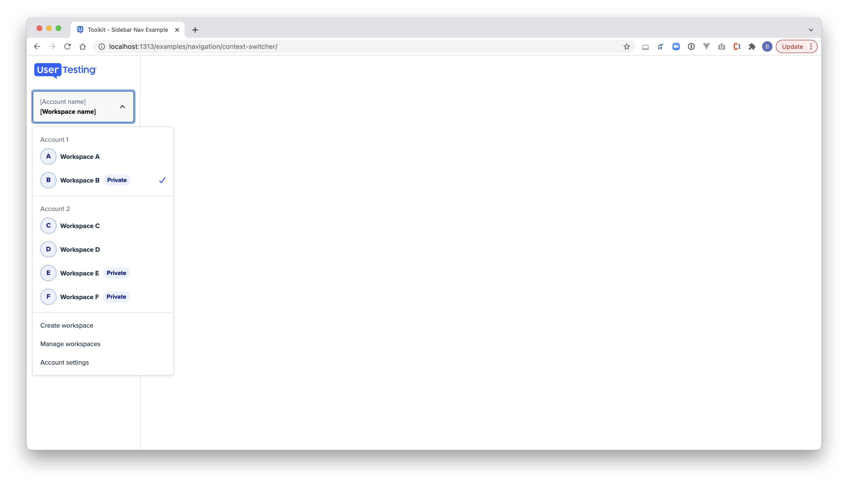 Example of context switcher rendered in browser.